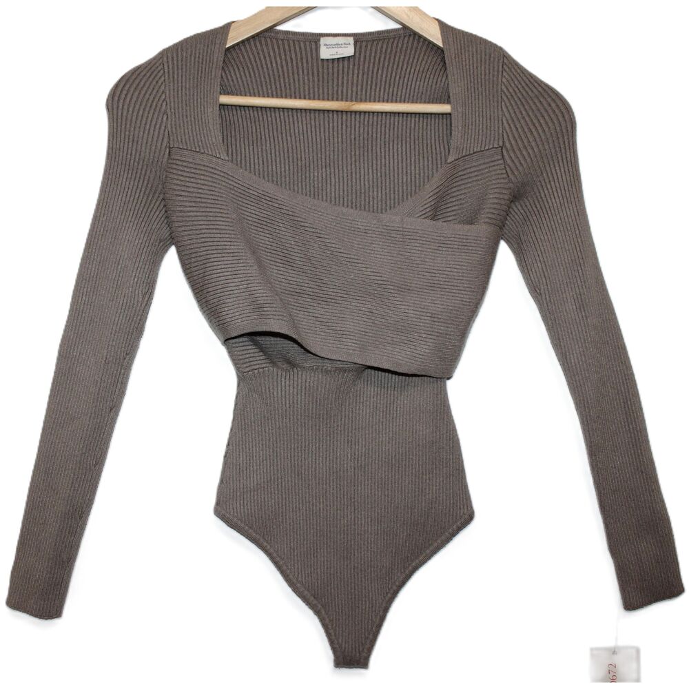 Womens Abercrombie & Fitch Soft A&F Taupe Ribbed Long Sleeve Bodysuit Size Small